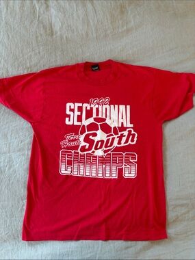 Vintage 90s Screen Stars Red Soccer Champs Tee Shirt + Terre Haute, Indiana